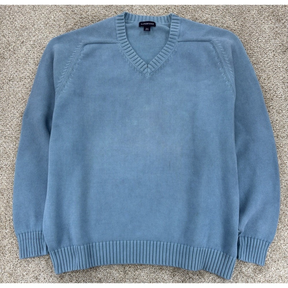 Lands' End Heavyweight Knitted‎ Cotton V-Neck Sweater Mens XXL/T Light Blue Y2K